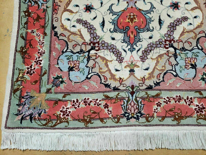 Small Vintage Persian Tabriz Wool and Silk Rug 2.5 x 4 ft, Very Finely Hand Knotted, Medallion, Ivory Salmon Light Blue, Top Quality, Pair B