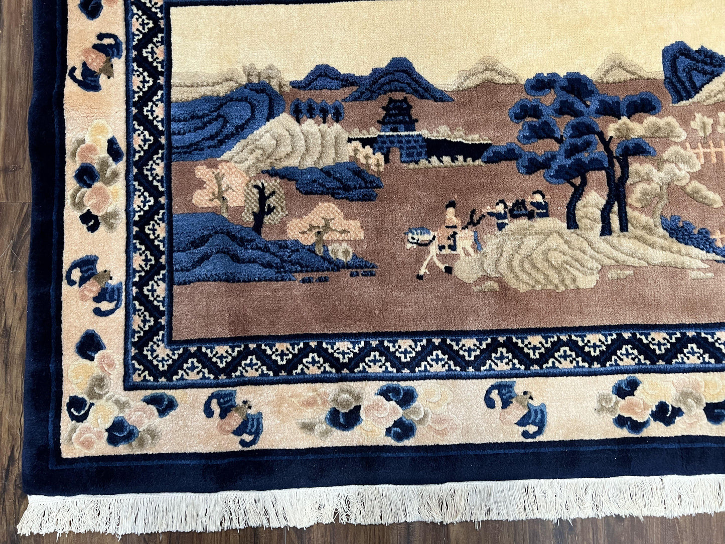 Chinese Pictorial Rug Antique Handmade 2.7x5 Village and Hills Beige Blue Wall Hanging Tapestry