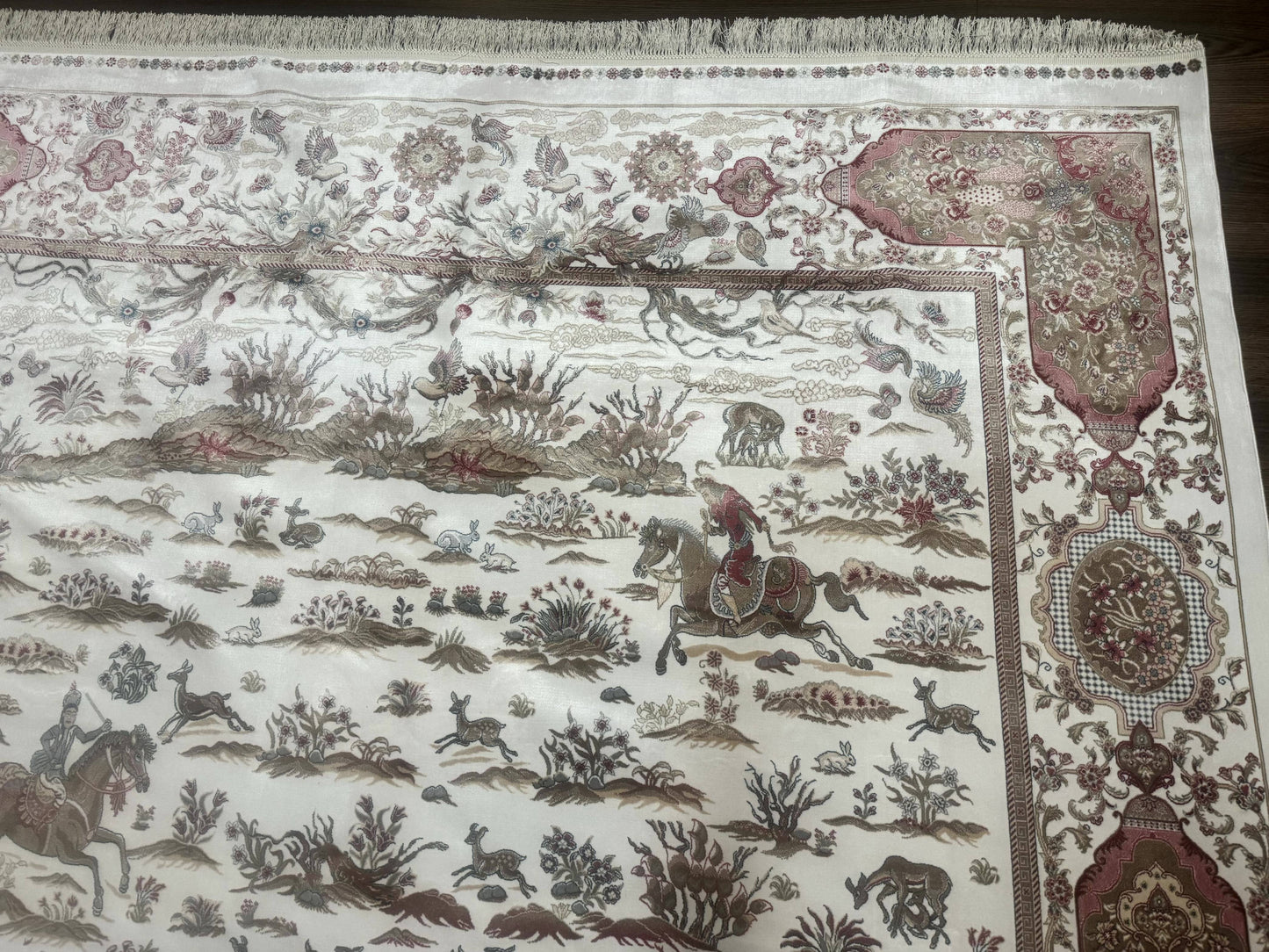 Turkish Silk Rug 8x10 Ivory Hunting Scene Bamboo Silk Contemporary