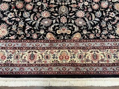 Hand Knotted Persian Rug 9x12 Wool Silk Highlights Vintage Black Cream