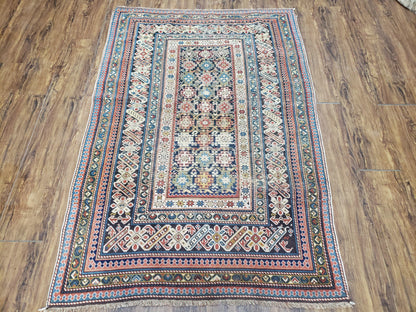 Caucasian Rug Hand Knotted 3 Ft 9 In By 5 Ft 7 In Antique 1920s Chi Chi Carpet Wool Colorful Dark Blue Cream Red