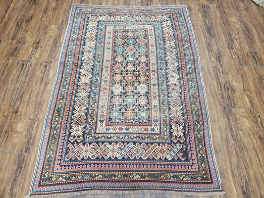 Caucasian Rug Hand Knotted 3 Ft 9 In By 5 Ft 7 In Antique 1920s Chi Chi Carpet Wool Colorful Dark Blue Cream Red