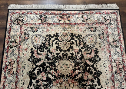 Indian Kashmiri Silk Rug, Floral Medallion, Vintage Hand Knotted Carpet