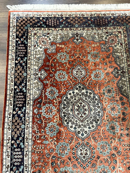 Turkish Silk Runner Rug 3x8, Short Runner Rug, Red, Floral Medallions, Very Fine 360 KPSI, 3 x 8 Runner
