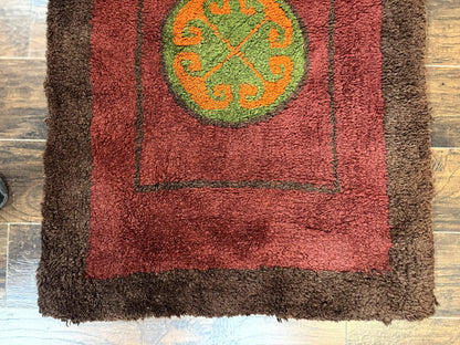 German Hooked Runner Rug 3x8, Vintage, Red, Wool