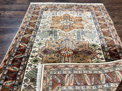 Turkish Kazak Rug 4x6 Geometric Medallions Vintage Hand Knotted Wool Carpet