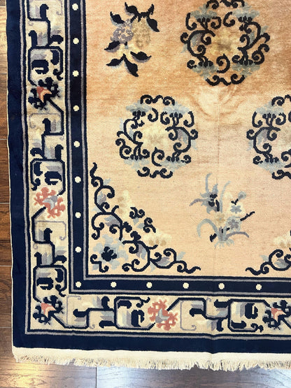 Chinese Peking Rug 4x6 Wool Hand Knotted Vintage Semi Antique Carpet Light Peach Navy Art Deco Style