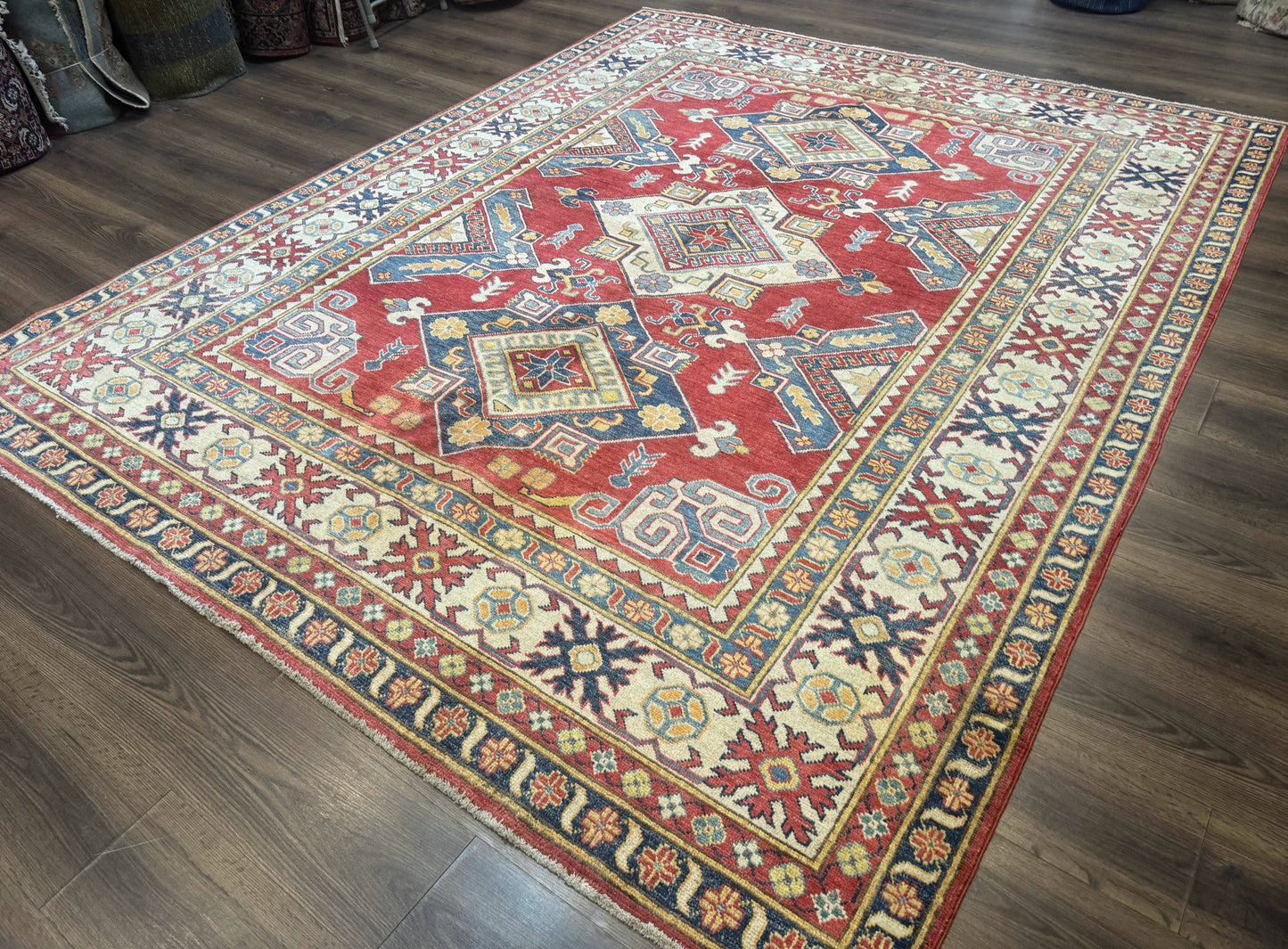 Turkish Kazak Rug 7.6 x 9.5 Hand Knotted Wool Caucasian Geometric Medallions