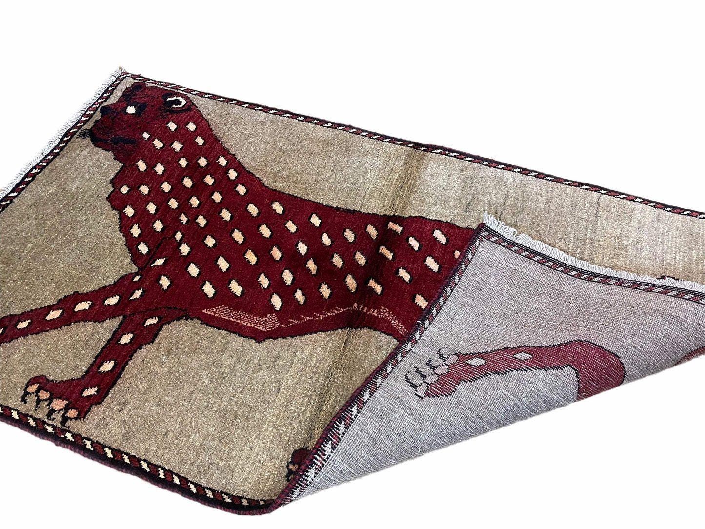 Leopard Wool Rug Handmade Hand Knotted Vintage Burgundy Beige Area Rug