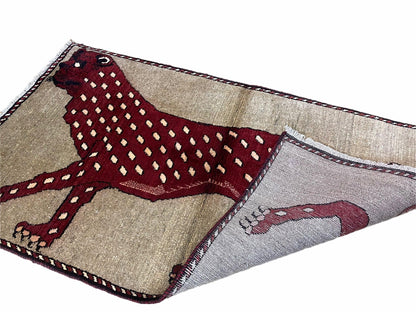 Leopard Wool Rug Handmade Hand Knotted Vintage Burgundy Beige Area Rug