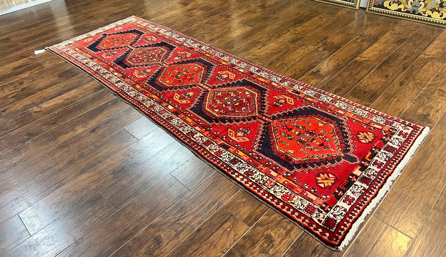 Persian Heriz Runner Rug 3.7 x 11, Persian Tribal Runner, Handmade Wool, Medallions, Geometric, Red, Antique Vintage Hand Knotted Rug