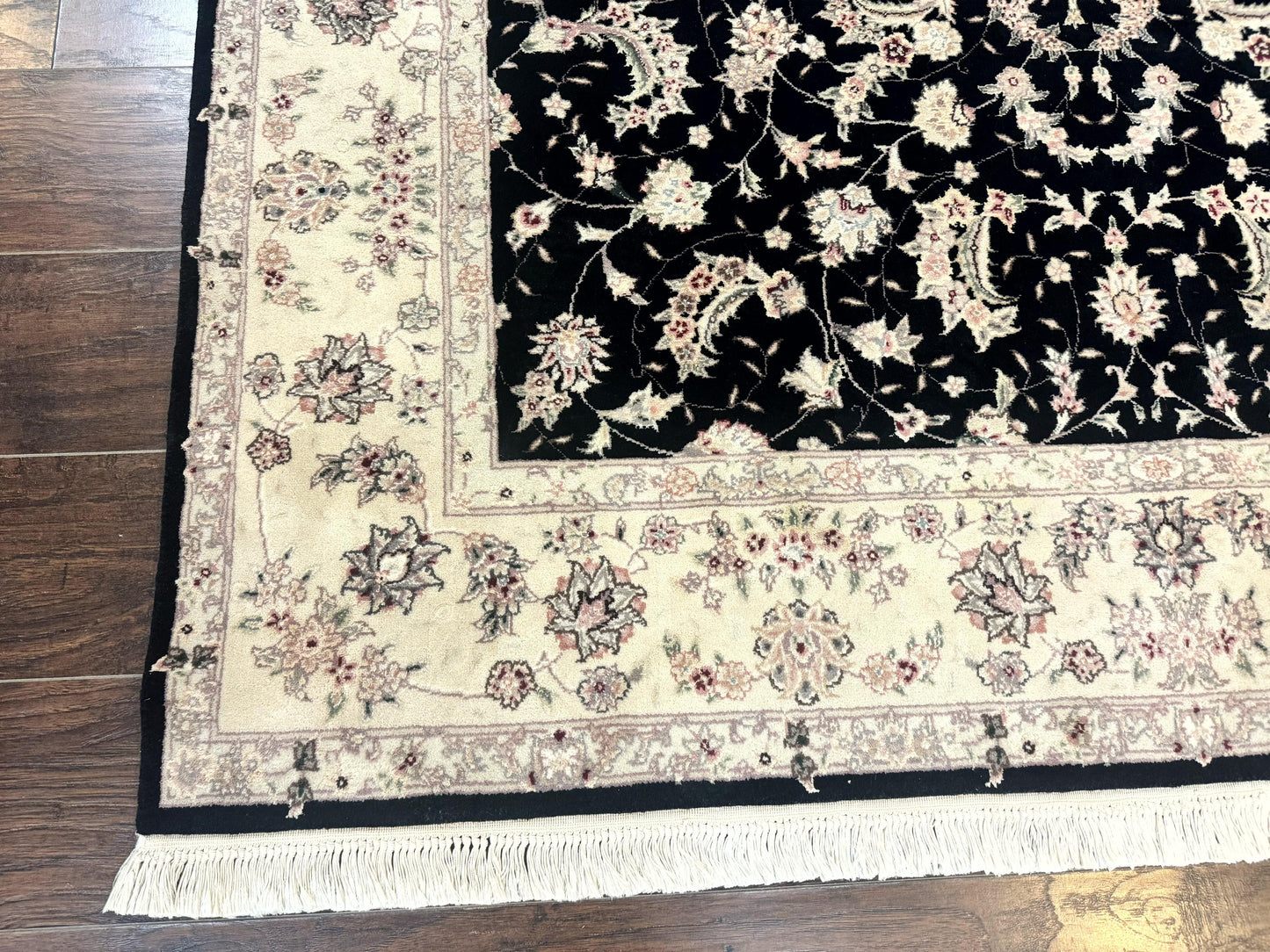 Sino Persian Rug 6x9, Black and Ivory, Wool and Silk Highlights, Handmade