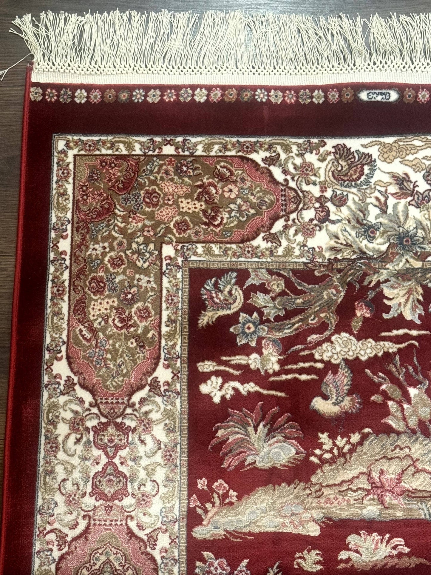 Turkish Silk Rug 2.6 x 6.7, Hunting Design, Short Runner Rug, Red & Ivory, Bamboo Silk, New