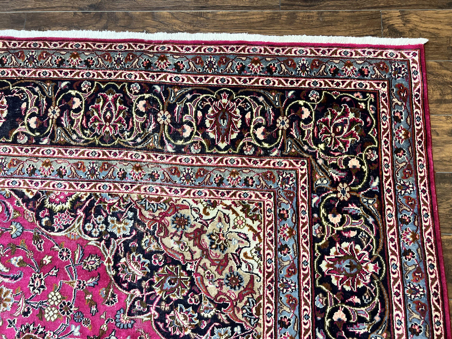 Persian Rug 10x13 Hand Knotted Wool Kashmar Carpet With Floral Medallion In Raspberry Red And Navy Blue
