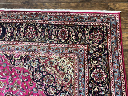 Persian Rug 10x13 Hand Knotted Wool Kashmar Carpet With Floral Medallion In Raspberry Red And Navy Blue