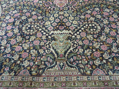 Turkish Sivas Rug 7x11, Navy Blue & Pink, Millifluer Floral Wool Carpet, Vintage