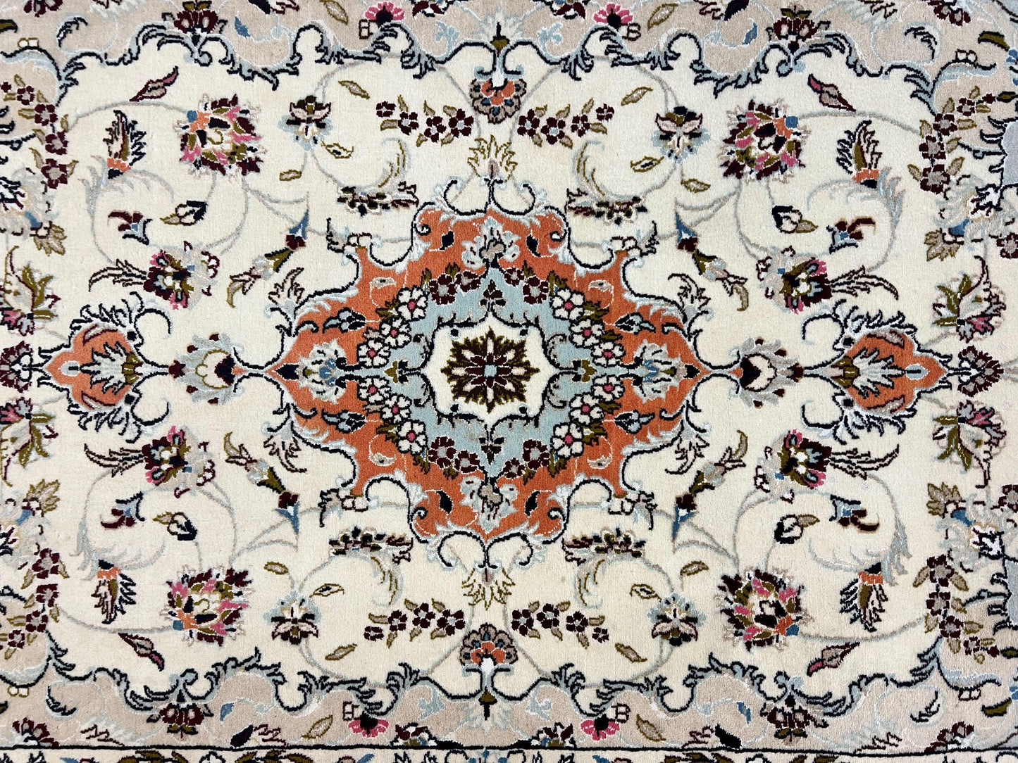 Persian Tabriz Rug 4.5  x 6.8, Finely Hand Knotted Wool with Silk Highlights Vintage Oriental Carpet, Cream and Salmon, High KPSI, Floral Medallion