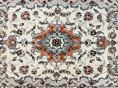 Persian Tabriz Rug 4.5  x 6.8, Finely Hand Knotted Wool with Silk Highlights Vintage Oriental Carpet, Cream and Salmon, High KPSI, Floral Medallion