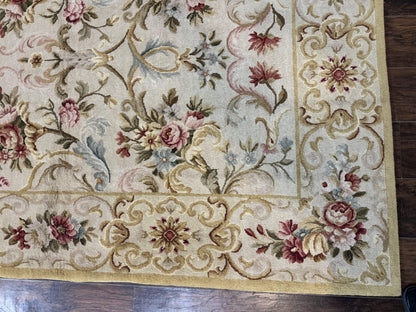 Aubusson Rug 8x10 Vintage Handmade Wool Carpet Floral Design
