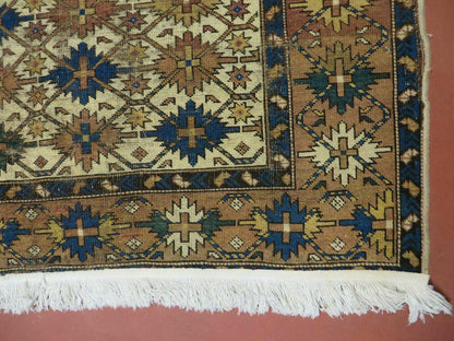Antique Caucasian Shirvan Kazak Wool Rug Snowflake Design 4x5 Feet