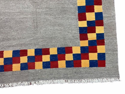 Handmade Kilim Rug Wool Geometric Checkerboard Area Rug 5 Foot 9 Inch By 7 Foot 9 Inch