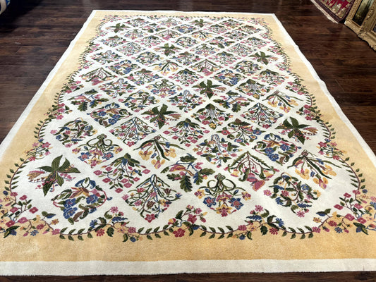 Power Loomed Rug 8x11 Ivory Multicolor Floral Panel With Butterflies Vintage Pattern