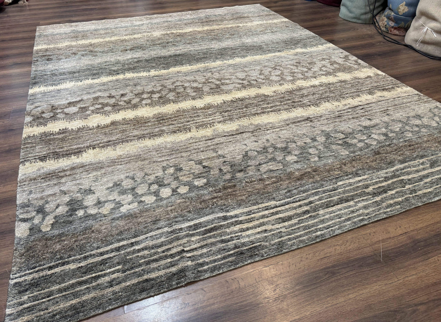 Modern Tibetan Wool Rug 8x10, Abstract, Contemporary, Handmade, Gray, Stripes