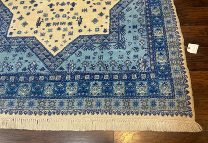 Moroccan Rug 7x10 Geometric Medallion Blue Ivory Hand Knotted Wool Area Rug