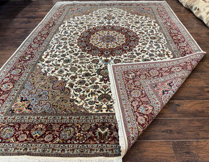 Persian Tabriz Rug Hand Knotted 8x11 Floral Medallion Traditional Area Rug Fine Wool 300 KPSI Ivory Maroon