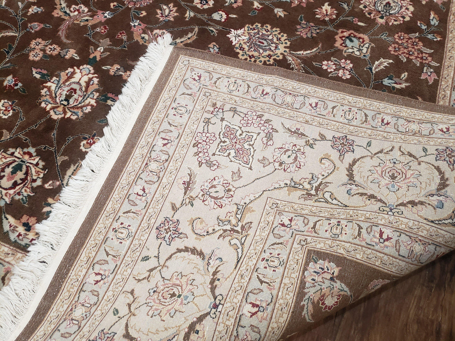 Pak-Persian Vintage Wool Rug 9x12 Hand-Knotted Spice Brown Ivory Traditional Oriental Carpet