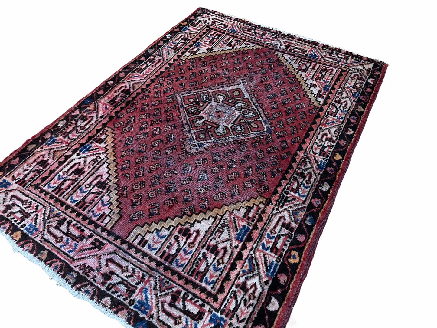 Antique Hand Knotted Wool Rug 4x6 With Organic Dyes Red Ivory Tribal Boho