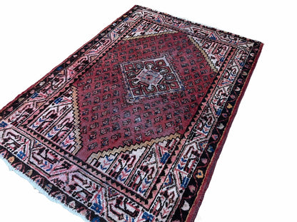 Antique Hand Knotted Wool Rug 4x6 With Organic Dyes Red Ivory Tribal Boho