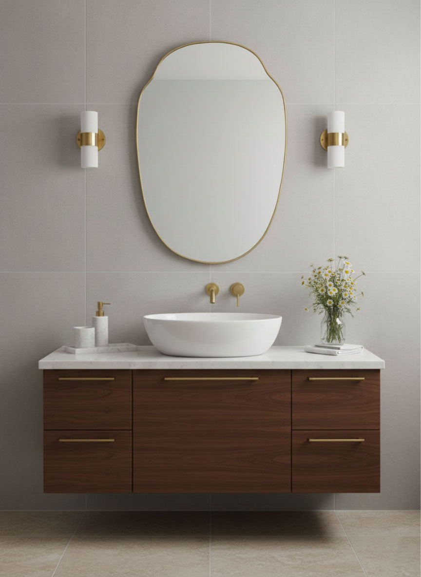 Soft contoured brass vanity mirror