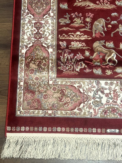 Turkish Silk Rug 2.6 x 6.7, Hunting Design, Short Runner Rug, Red & Ivory, Bamboo Silk, New