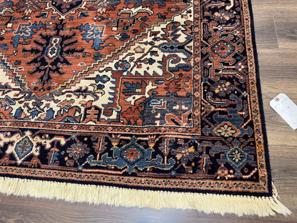 Heriz Rug 5.6 x 8, Geometric Medallion, Wool Oriental Carpet, Tribal Boho Rug, Red Navy Blue Cream, Belgium Power Loomed Rug, Medium Sized