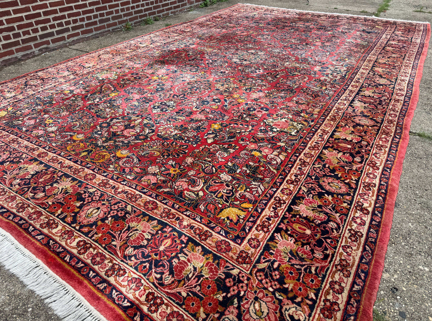 Large Antique Persian Sarouk Rug 11x18, Red, Floral Allover, Palace Size Wool Handmade Carpet