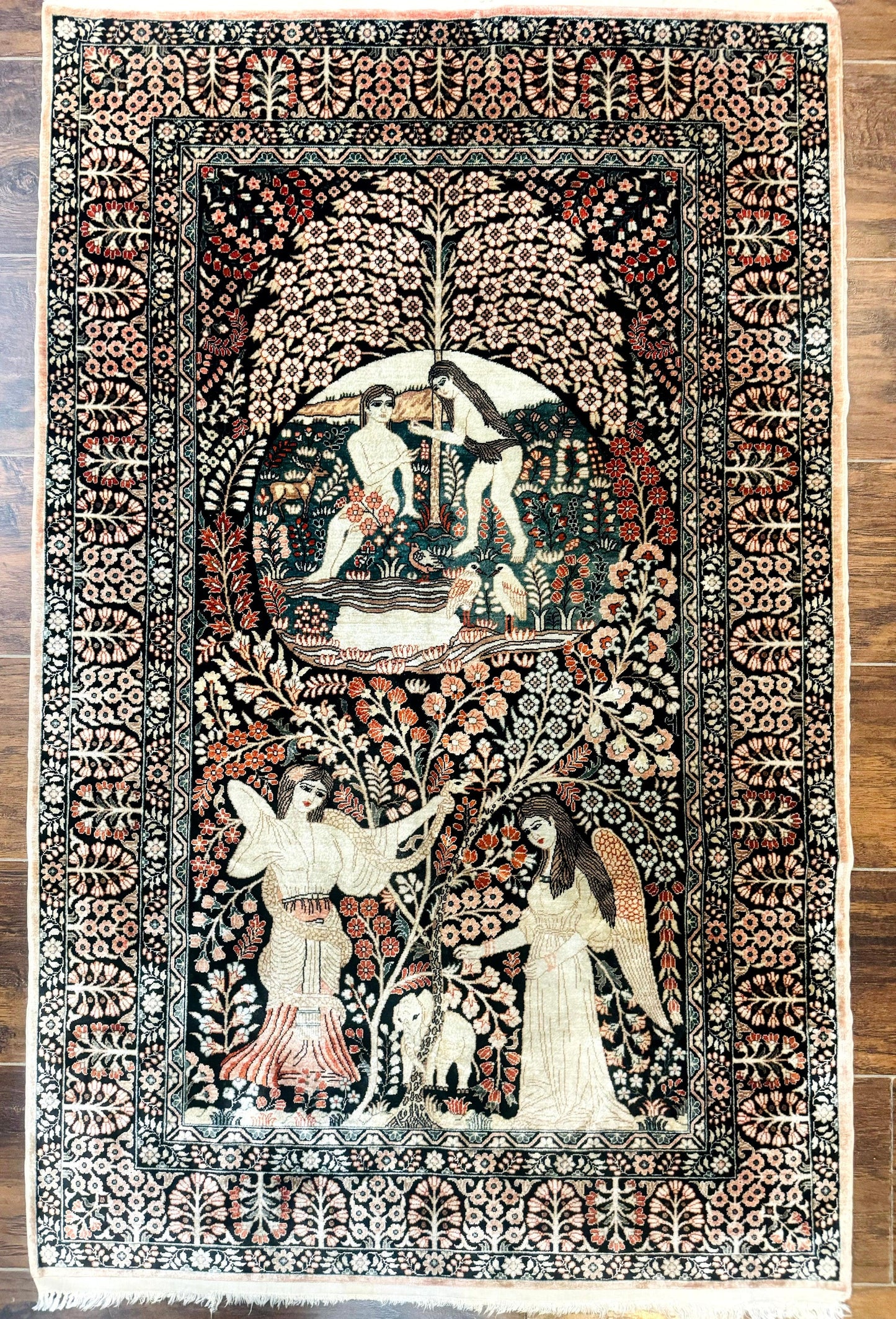 Stunning Sino Persian Pictorial Rug 2.7 x 4, Garden of Eden Adam & Eve Tree of Life Design, Extremely Fine 580 KPSI, Masterpiece