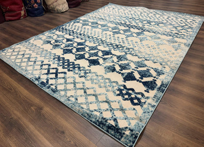 Modern Rug 8x10 Abstract Wool Turkish Area Rug In Oat And Blue Raised Pattern