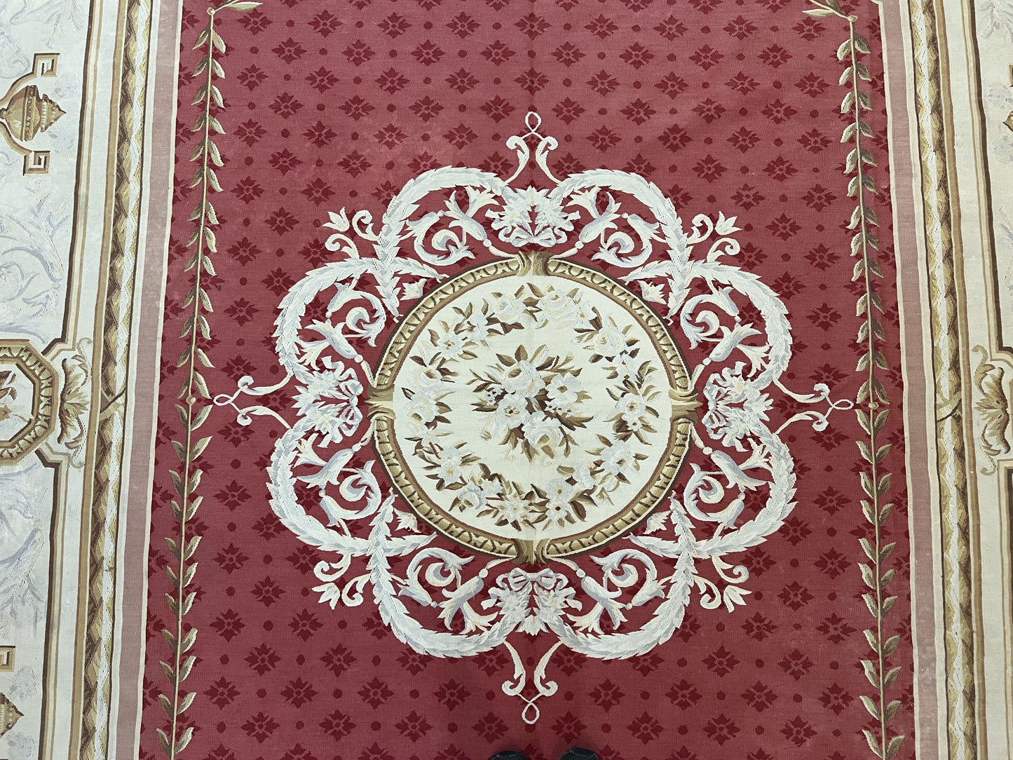Elegant Aubusson Rug 9x12 Handmade Wool Carpet Red Ivory Vintage French Design