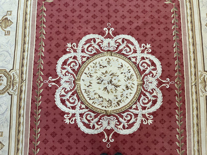 Elegant Aubusson Rug 9x12 Handmade Wool Carpet Red Ivory Vintage French Design