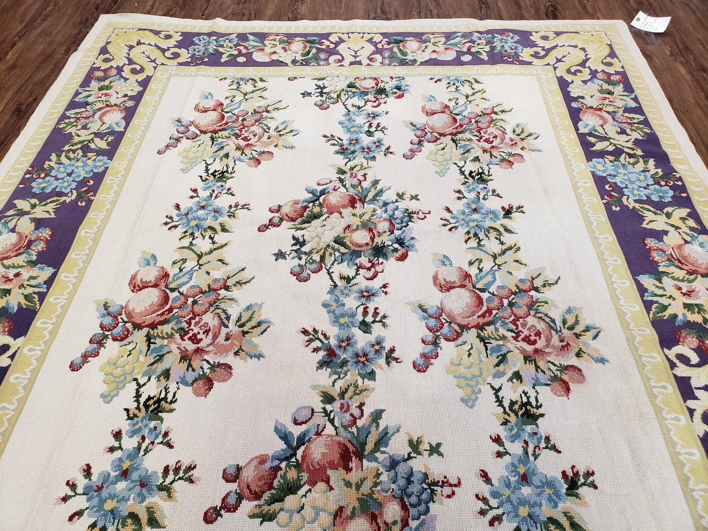 Vintage Chinese Floral Needlepoint Rug Wool Handwoven Flatweave Area Rug 6x9 Ivory Purple Dining Room