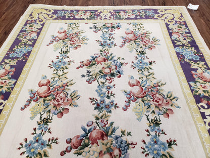 Vintage Chinese Floral Needlepoint Rug Wool Handwoven Flatweave Area Rug 6x9 Ivory Purple Dining Room