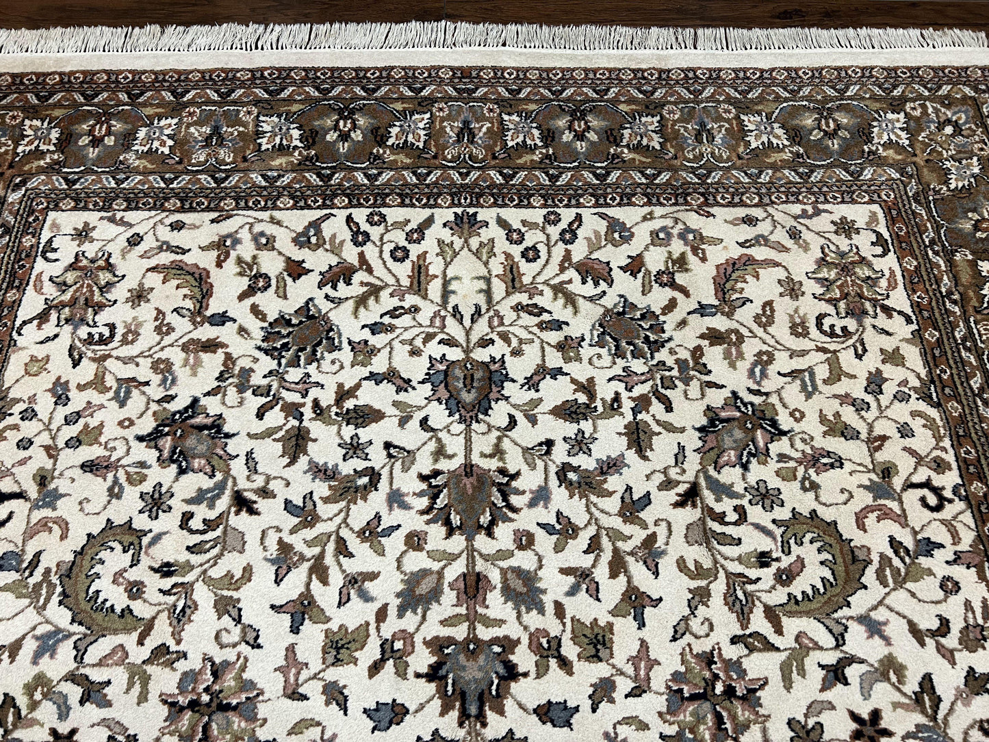 Indo Kirman Rug 8x12 Allover Floral Design, Ivory/Cream Brown, Vintage Handmade Hand Knotted Rug, Traditional Wool Persian Carpet 8 x 12