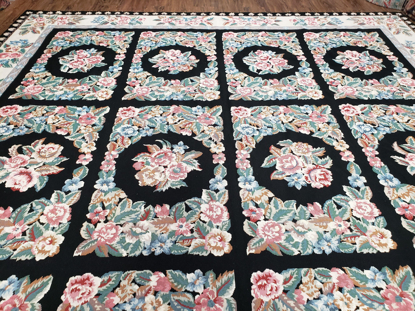 Floral Needlepoint Rug 9.5 x 13.6, Floral Panel Design, Black and Ivory Flatweave Aubusson Carpet, Multicolor