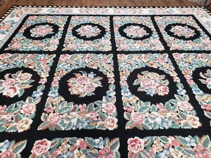 Floral Needlepoint Rug 9.5 x 13.6, Floral Panel Design, Black and Ivory Flatweave Aubusson Carpet, Multicolor