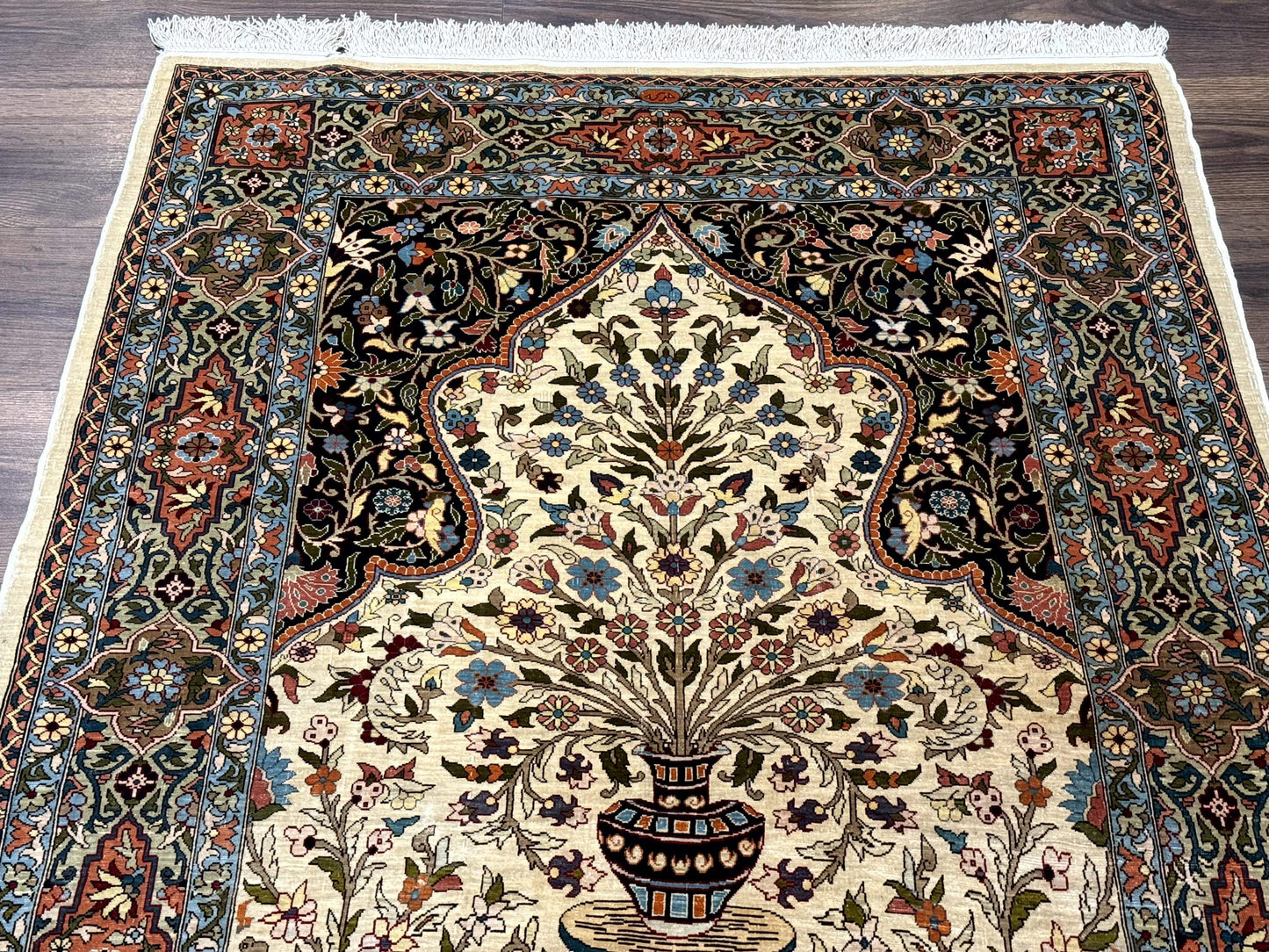 Rare Turkish Hereke Silk Rug 3x5, Tree of Life Persian Vase Design, Very Fine 440 KPSI, Signed