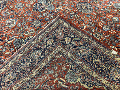 Persian Sarouk Rug 9x12 Handmade Wool Qazvin Antique Carpet Red And Dark Blue Floral Allover
