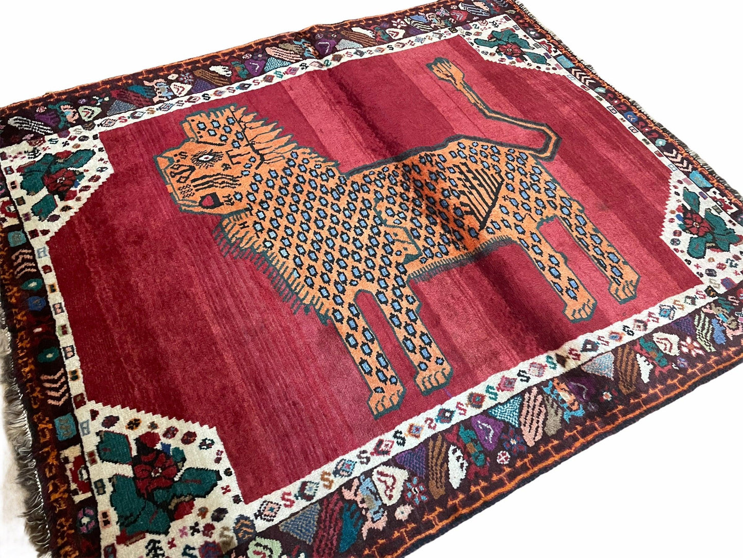 Antique Persian Gabbeh Rug Wool Hand Knotted 4x5 Lion Pictorial Tribal