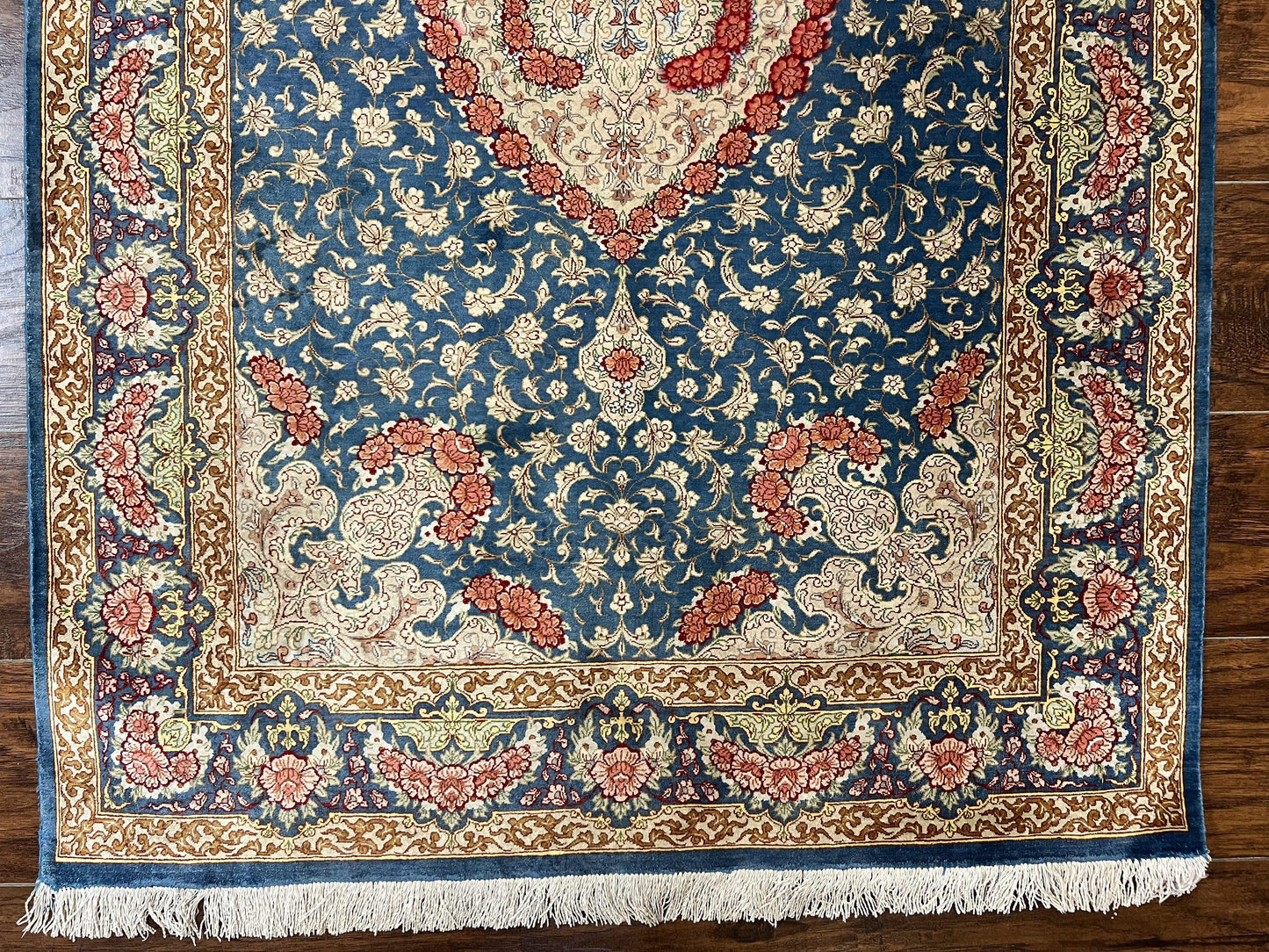 Magnificent Persian Qum Silk Rug 3x5, Blue, Super Fine 675 KPSI - 70 Raj, Floral Roses, Handmade Vintage Silk Carpet, Masterpiece