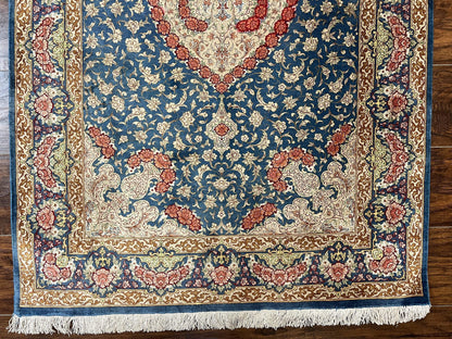 Magnificent Persian Qum Silk Rug 3x5, Blue, Super Fine 675 KPSI - 70 Raj, Floral Roses, Handmade Vintage Silk Carpet, Masterpiece